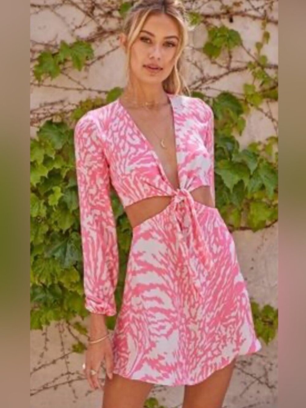 RESA Pink & Cream Tie-Waist Long Sleeve Wrap Dress